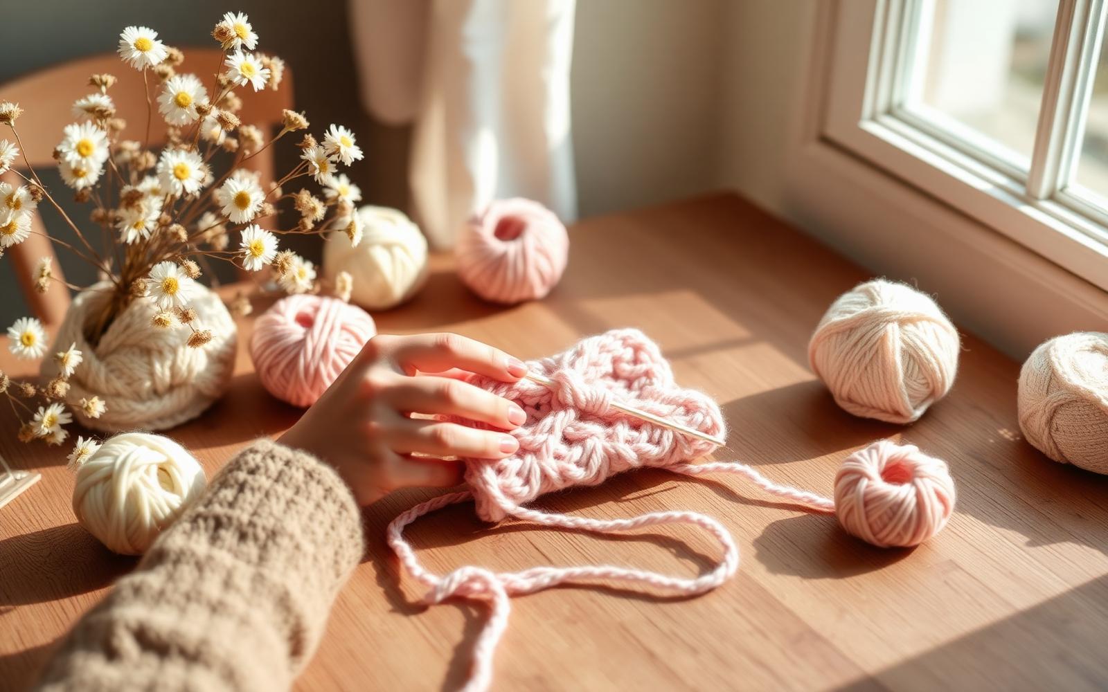 Hands crocheting with pastel yarn at a sunlit table